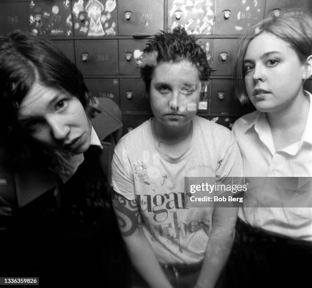 American musician, actress, writer, director, and comedian Carrie Brownstein, drummer Toni Gogin and American singer, songwriter, and guitarist Corin...