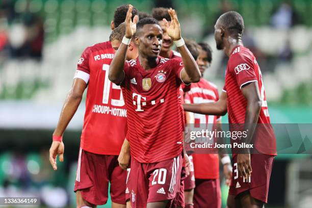 Bouna Sarr of FC Bayern Muenchen celebrates after scoring their team's eleventh goal during the DFB Cup first round match between Bremer SV and...
