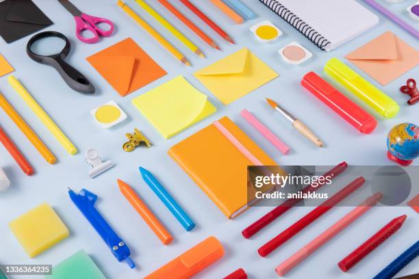 back to school knolling with school supplies - pink eraser stock pictures, royalty-free photos & images