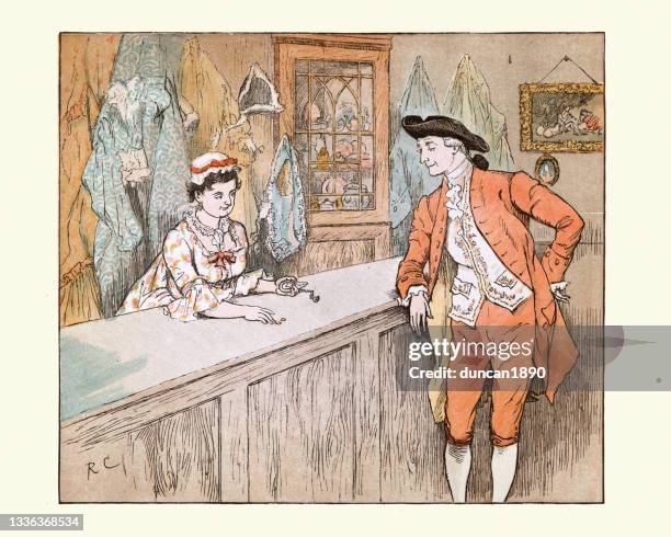 man selling his pocket watch at a pawnbroker, vintage illustration - selling books stock illustrations