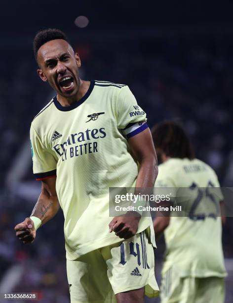 Pierre-Emerick Aubameyang of Arsenal celebrates after scoring his sides fifth goal and his hat trick during the Carabao Cup Second Round match...