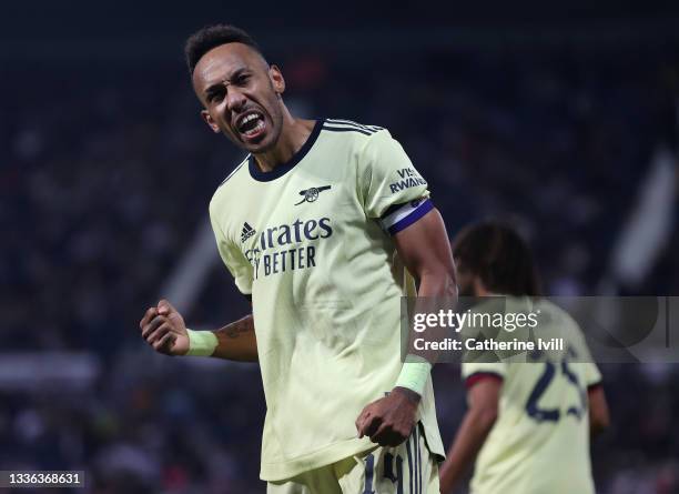 Pierre-Emerick Aubameyang of Arsenal celebrates after scoring his sides fifth goal and his hat trick during the Carabao Cup Second Round match...