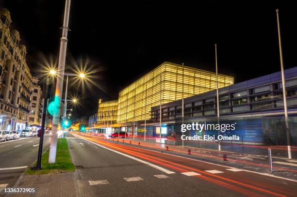 kursaal congress at night - san sebastian spain beach stock pictures, royalty-free photos & images