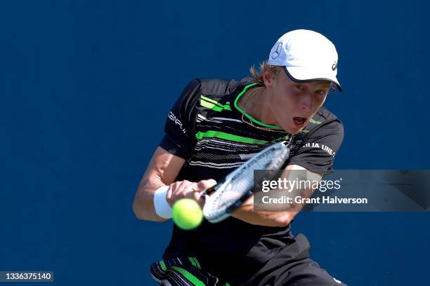Emil Ruusuvuori of Finland returns a shot to Benoit Paire of France on Day 5 of the Winston-Salem Open at Wake Forest Tennis Complex on August 25,...