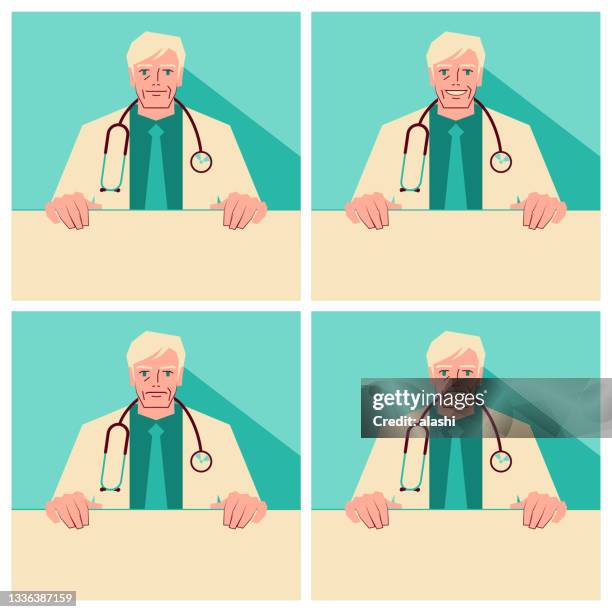 senior doctors wearing a stethoscope and holding a blank sign, with facial expressions of smiling, talking, and anger - stern form stock illustrations