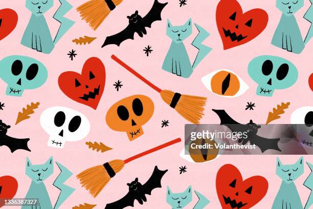 halloween ghosts, skulls, cats and bats seamless pattern on pink background - pumpkin cats fotografías e imágenes de stock