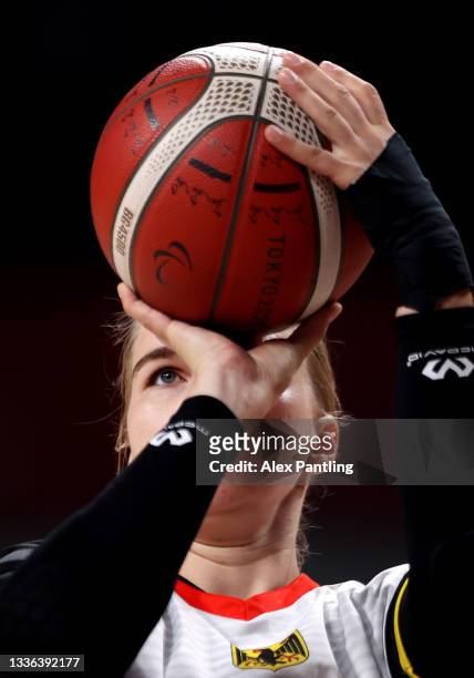 Mereike Miller of Team Germany throws during the Wheelchair Basketball Women's preliminary round group A match between team Germany and team...