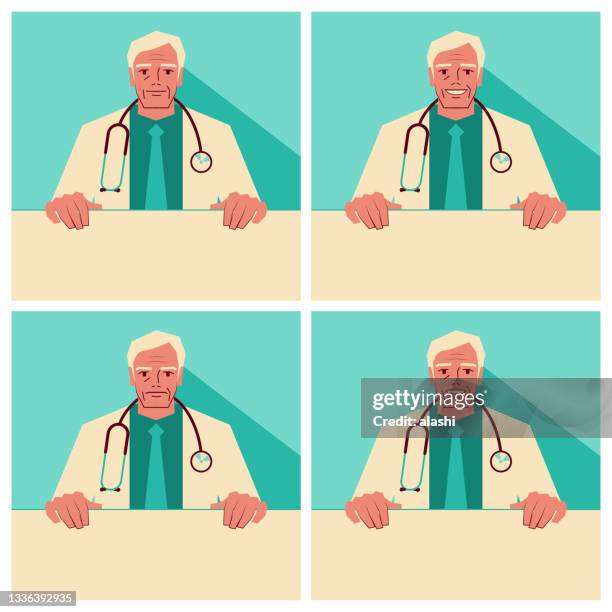 ilustrações de stock, clip art, desenhos animados e ícones de senior doctors wearing a stethoscope and holding a blank sign, with facial expressions of smiling, talking, and anger - stern form