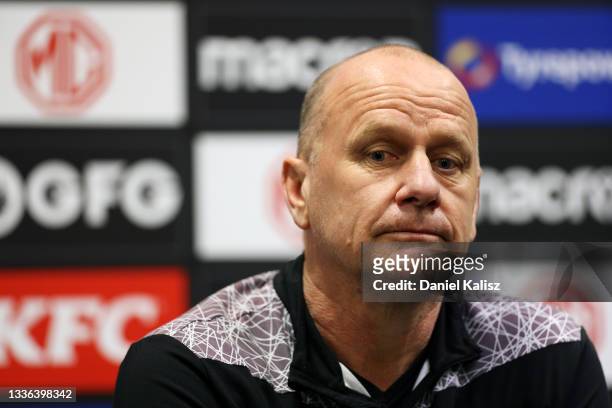 Ken Hinkley, Senior Coach of the Power speaks to the media prior to the Port Adelaide Power AFL captain's run at Adelaide Oval on August 26, 2021 in...