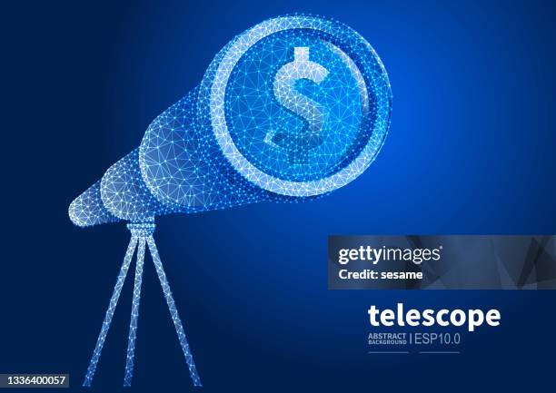 business financial forecasting and observation, telescope to observe dollar sign, vector abstract low polygon point lines connected telescope background - website wireframe stock illustrations