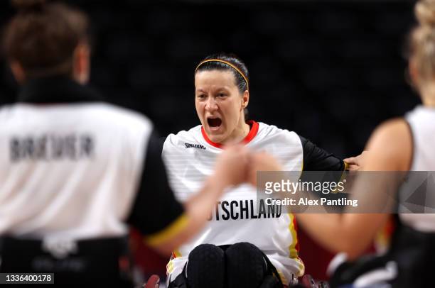 Anne Patzwald of Team Germany celebrates during the Wheelchair Basketball Women's preliminary round group A match between team Germany and team...
