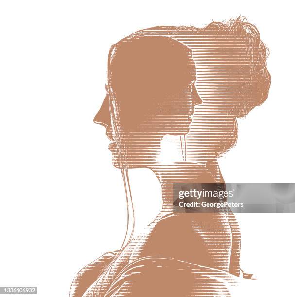 multiple exposure of woman in recovery - head forward white background stock illustrations