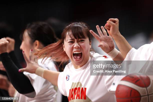 Amane Yanagimoto of Team Japan celebrates during the Wheelchair Basketball Women's preliminary round group A match between team Japan and team Great...