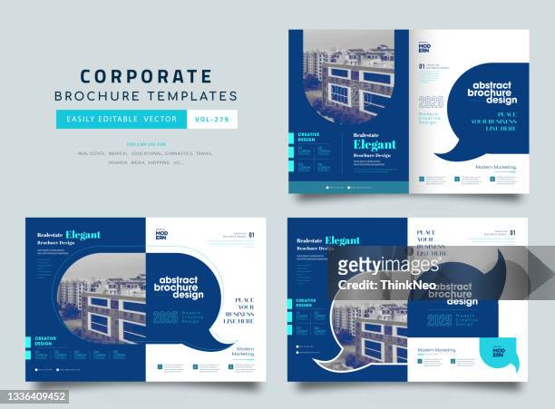set of business bi-fold brochure design template, flyer design, shape, blue color, a4 size - flyer leaflet stock illustrations