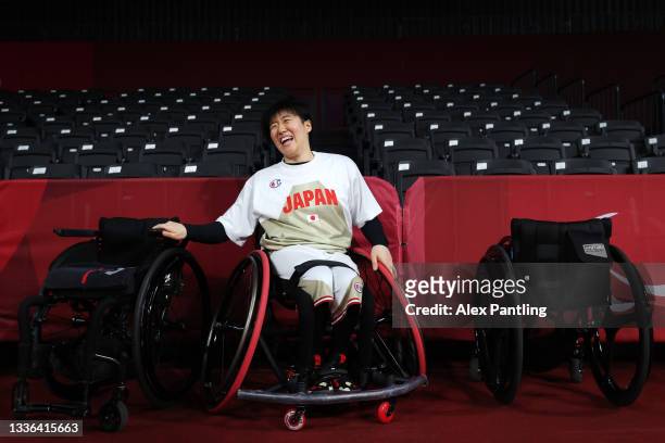 Mayo Hagino of Team Japan laughs during the Wheelchair Basketball Women's preliminary round group A match between team Japan and team Great Britain...