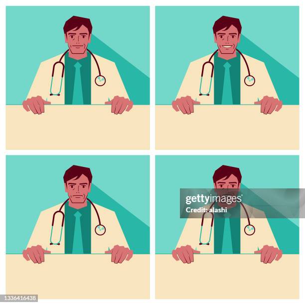 ilustrações de stock, clip art, desenhos animados e ícones de mature doctors (mid-adult) wearing a stethoscope and holding a blank sign, with facial expressions of smiling, talking, and anger - stern form