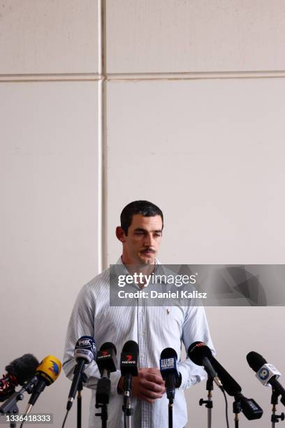 Adelaide Crows forward Taylor Walker speaks to the media during a press conference at West Lakes on August 26, 2021 in Adelaide, Australia.