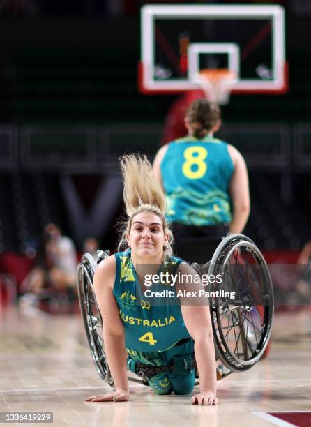 Sarah Vinci of Team Australia falls during the Wheelchair Basketball Women's preliminary round group A match between team Germany and team Great...