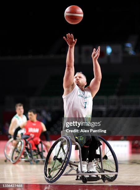 Shaun Norris of Team Australia takes a free-throw during the Wheelchair Basketball Men's preliminary round group B match between team Iran and team...