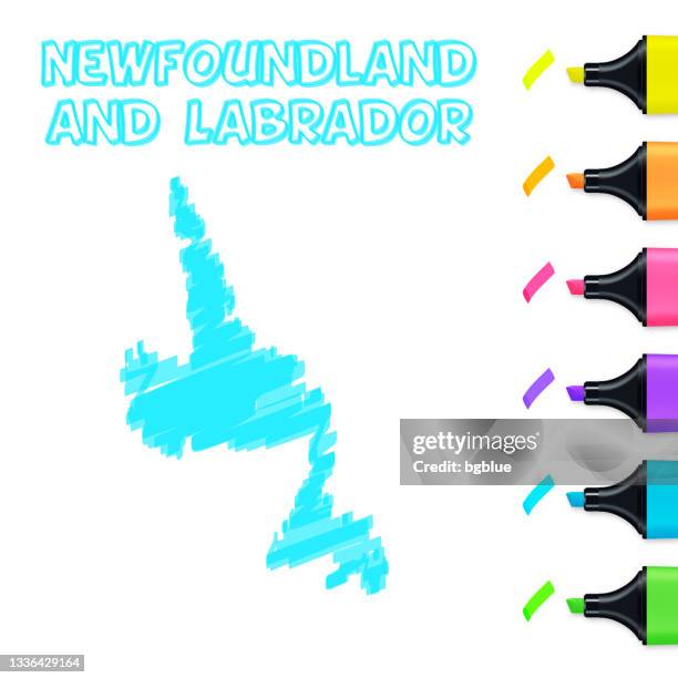 newfoundland and labrador map hand drawn with blue highlighter on white background - newfoundland and labrador stock illustrations