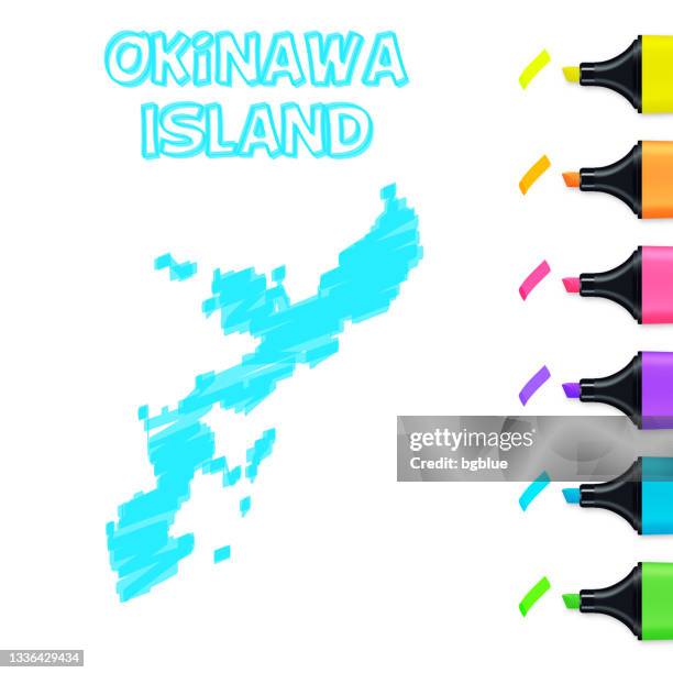 okinawa island map hand drawn with blue highlighter on white background - okinawa prefecture stock illustrations