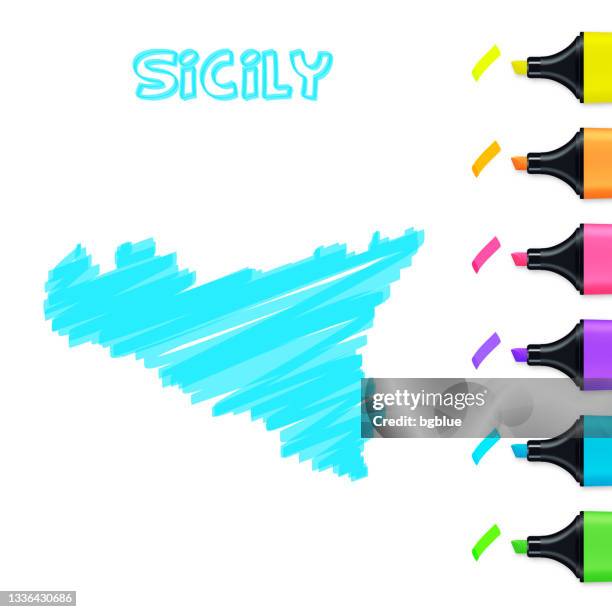 sicily map hand drawn with blue highlighter on white background - palermo sicily stock illustrations