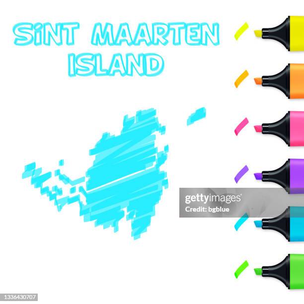 sint maarten island map hand drawn with blue highlighter on white background - st maarten stock illustrations