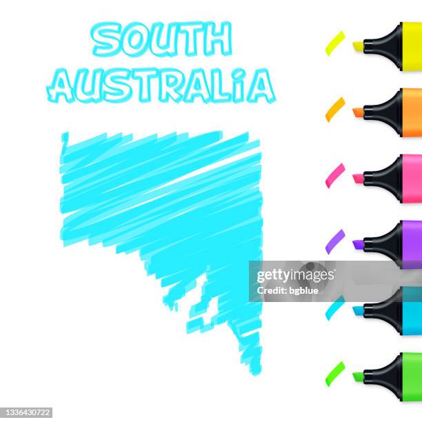 ilustraciones, imágenes clip art, dibujos animados e iconos de stock de mapa de australia meridional dibujado a mano con resaltador azul sobre fondo blanco - adelaida