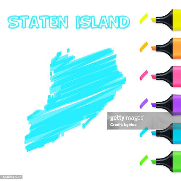 staten island map hand drawn with blue highlighter on white background - staten island stock illustrations