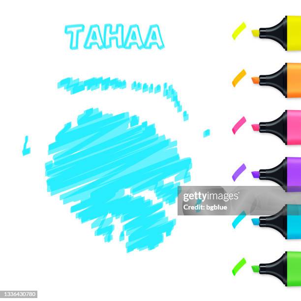 tahaa map hand drawn with blue highlighter on white background - french polynesia stock illustrations