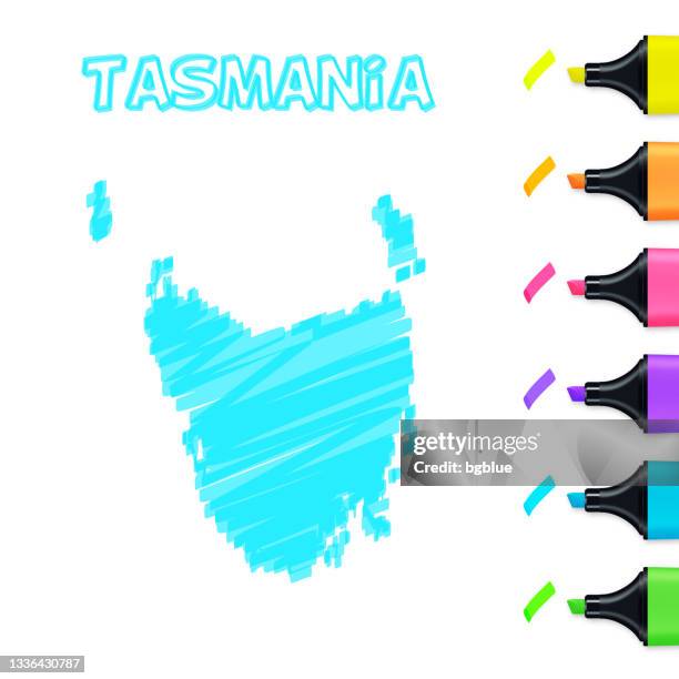 tasmanien karte handgezeichnet mit blauem textmarker auf weißem hintergrund - map tasmania stock-grafiken, -clipart, -cartoons und -symbole