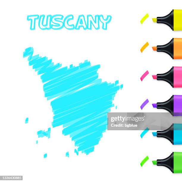 tuscany map hand drawn with blue highlighter on white background - tuscany stock illustrations