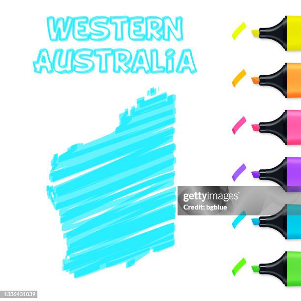 western australia map hand drawn with blue highlighter on white background - western australia border stock illustrations