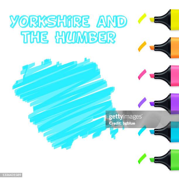 yorkshire and the humber map hand drawn with blue highlighter on white background - humber river stock illustrations