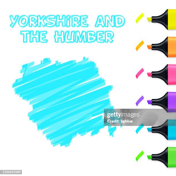 yorkshire and the humber map hand drawn with blue highlighter on white background - yorkshire map stock illustrations