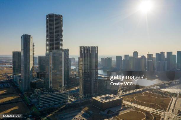 Aerial view of Yujiapu Financial District, a central business district , at Binhai New Area on February 17, 2021 in Tianjin, China.