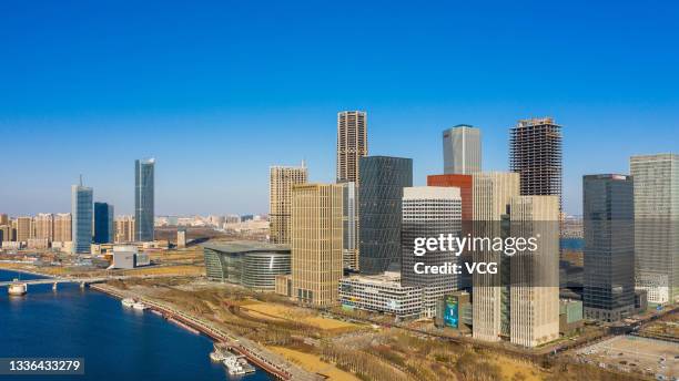 Aerial view of Yujiapu Financial District, a central business district , at Binhai New Area on February 17, 2021 in Tianjin, China.