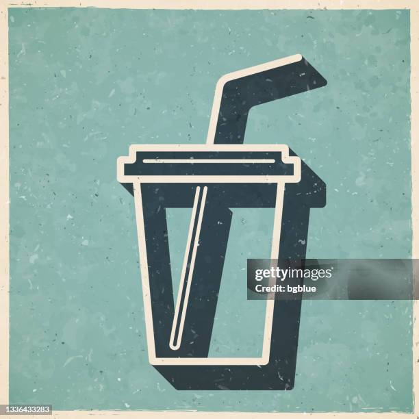 cup with straw. icon in retro vintage style - old textured paper - coffee take away cup simple stock illustrations