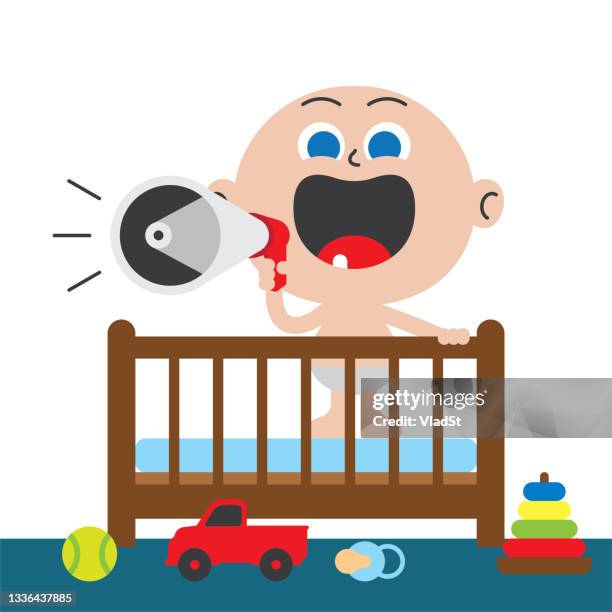 ilustrações de stock, clip art, desenhos animados e ícones de screaming baby in a crib raising a toddler child motherhood parenting concept - diaper