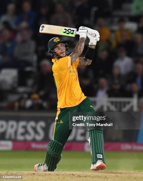 Alex Hales of Notts Outlaws bats during the Vitality T20 Blast Quarter Final match between Notts Outlaws and Hampshire Hawks at Trent Bridge on...