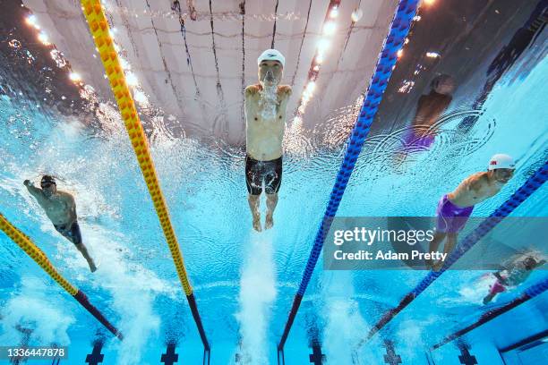 Zheng Tao of Team China competes in the Men's 100m Freestyle - S5 final on day 2 of the Tokyo 2020 Paralympic Games at the Tokyo Aquatics Centre on...