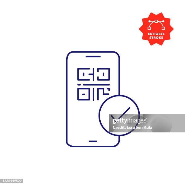 digital vaccine passport on mobile phone screen line icon with editable stroke - papers scanning to digital vector stock illustrations