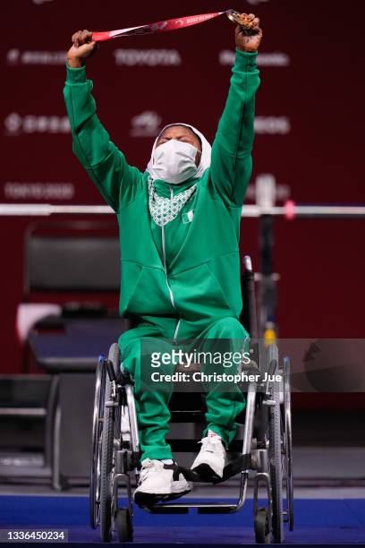 Gold medalist Latifat Tijani of Team Nigeria celebrates after the women’s -45kg powerlifting final on day 2 of the Tokyo 2020 Paralympic Games at on...