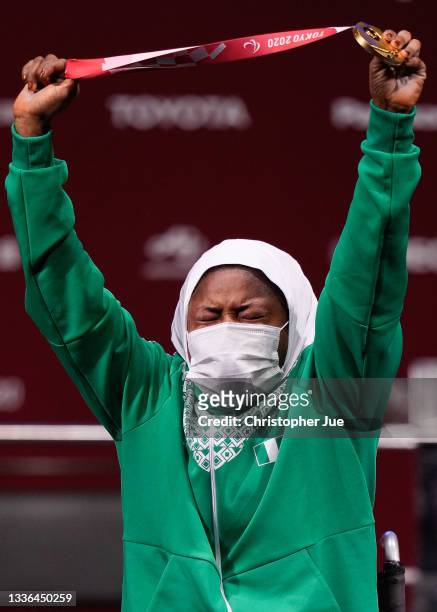 Gold medalist Latifat Tijani of Team Nigeria celebrates after the women’s -45kg powerlifting final on day 2 of the Tokyo 2020 Paralympic Games at on...