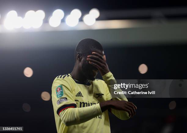 Nicolas Pepe of Arsenal reacts during the Carabao Cup Second Round between West Bromwich Albion and Arsenal at The Hawthorns on August 25, 2021 in...