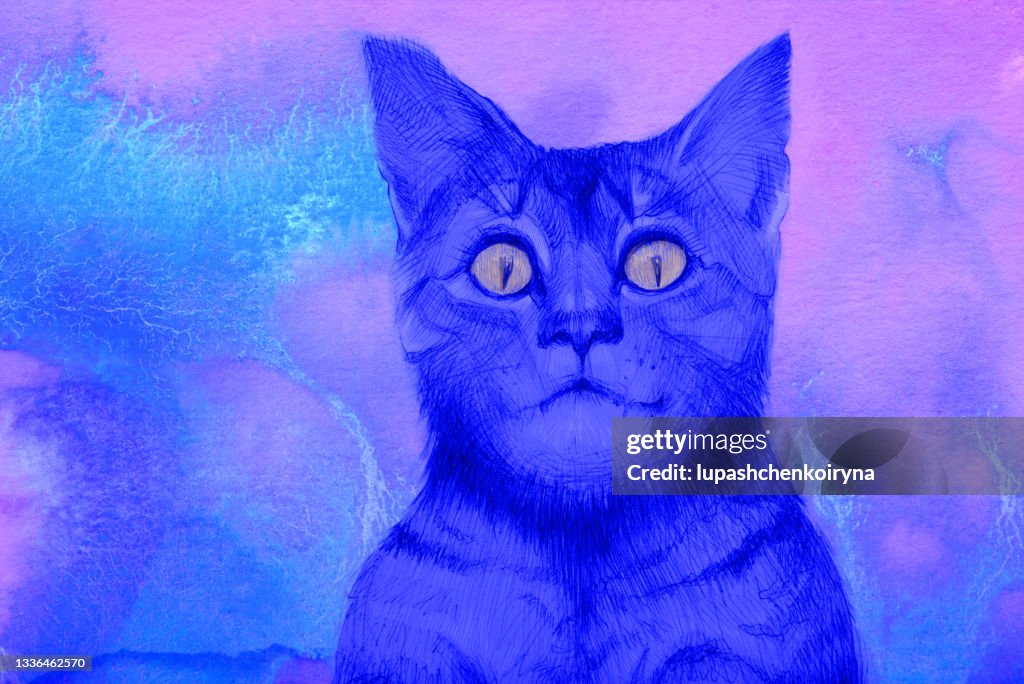 Illustration Painting With Watercolors Portrait Kitten With Glowing Eyes In  The Dark On An Abstract Background Of Flowing Watercolor Paint In Blue  Evening Colors High-Res Vector Graphic - Getty Images