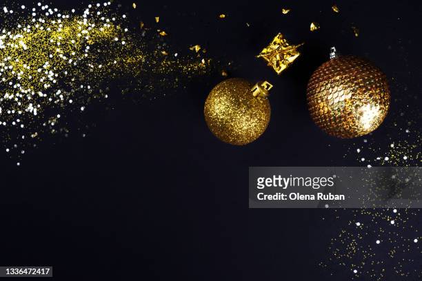 gold christmas toys and glitter with free space - new years eve 2019 stock pictures, royalty-free photos & images