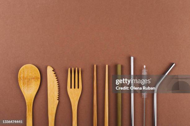 ecological cutlery on a brown background close-up - toolbox stock pictures, royalty-free photos & images