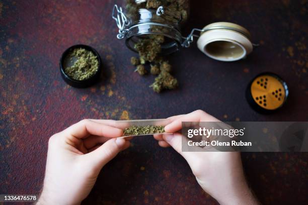 man's hands twist marijuana into a cigar - cigar ストックフォトと画像