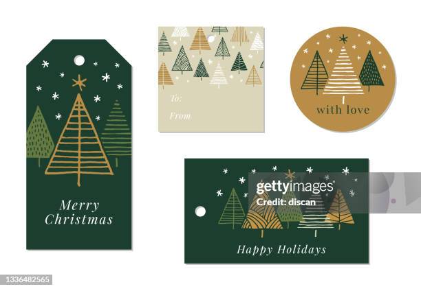 ilustraciones, imágenes clip art, dibujos animados e iconos de stock de conjunto de etiquetas navideñas y navideñas. - christmas tree